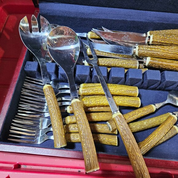TETON Grill Antler Handled Silverware Service for Four & Bonus of 8 Steak Knives